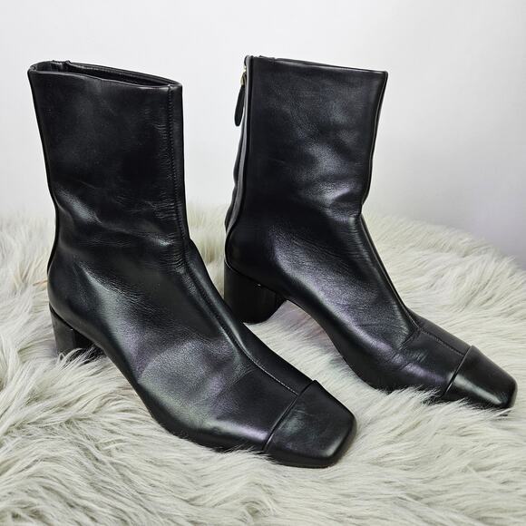 Ann Taylor Black Leather Ankle Boots Size 7M Square Toe Block Heel Back Zip Chic - Picture 3 of 13